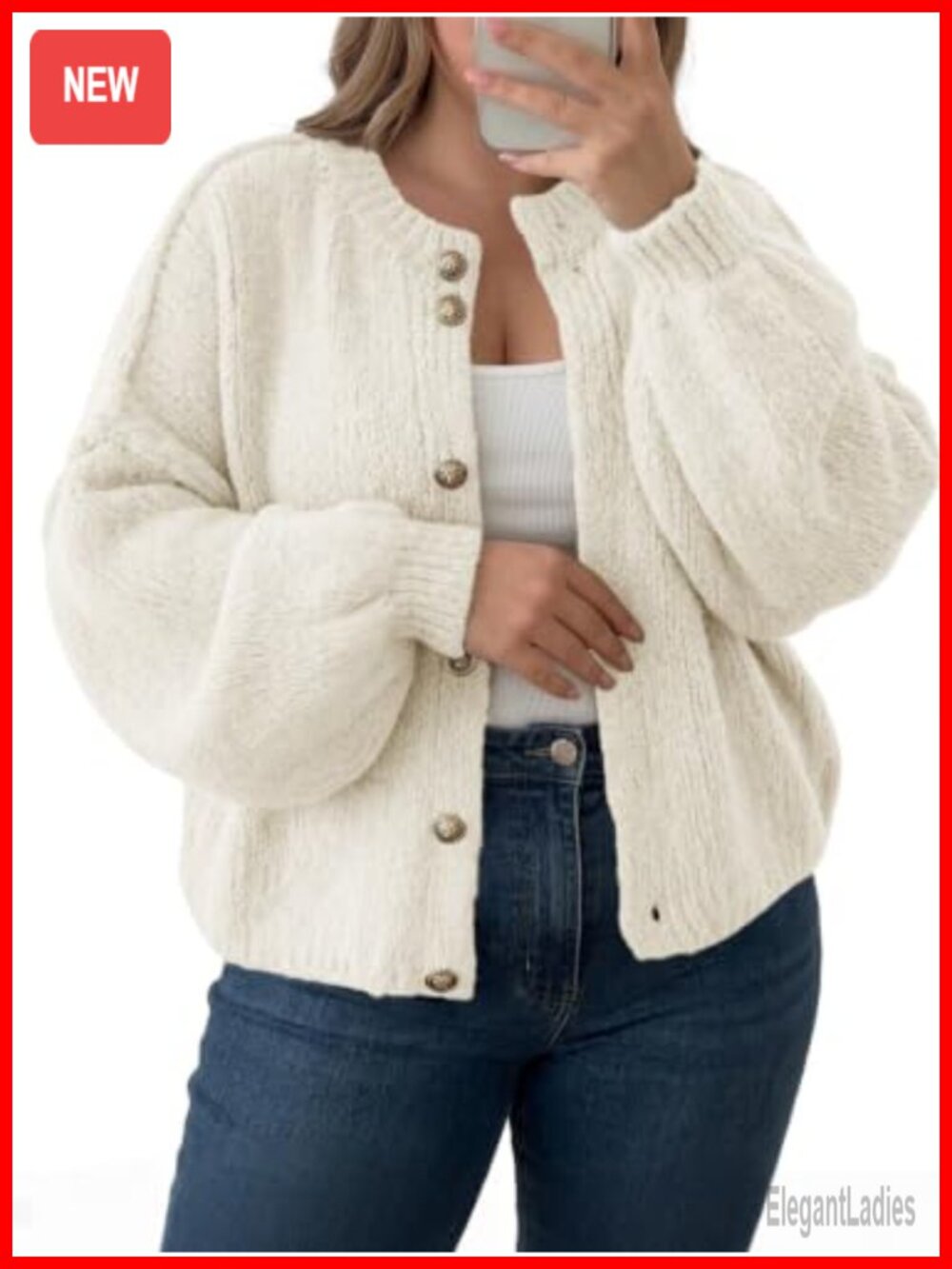 Plus Size Button Up Lantern Sleeve Chunky Knit Cardigan Sweater